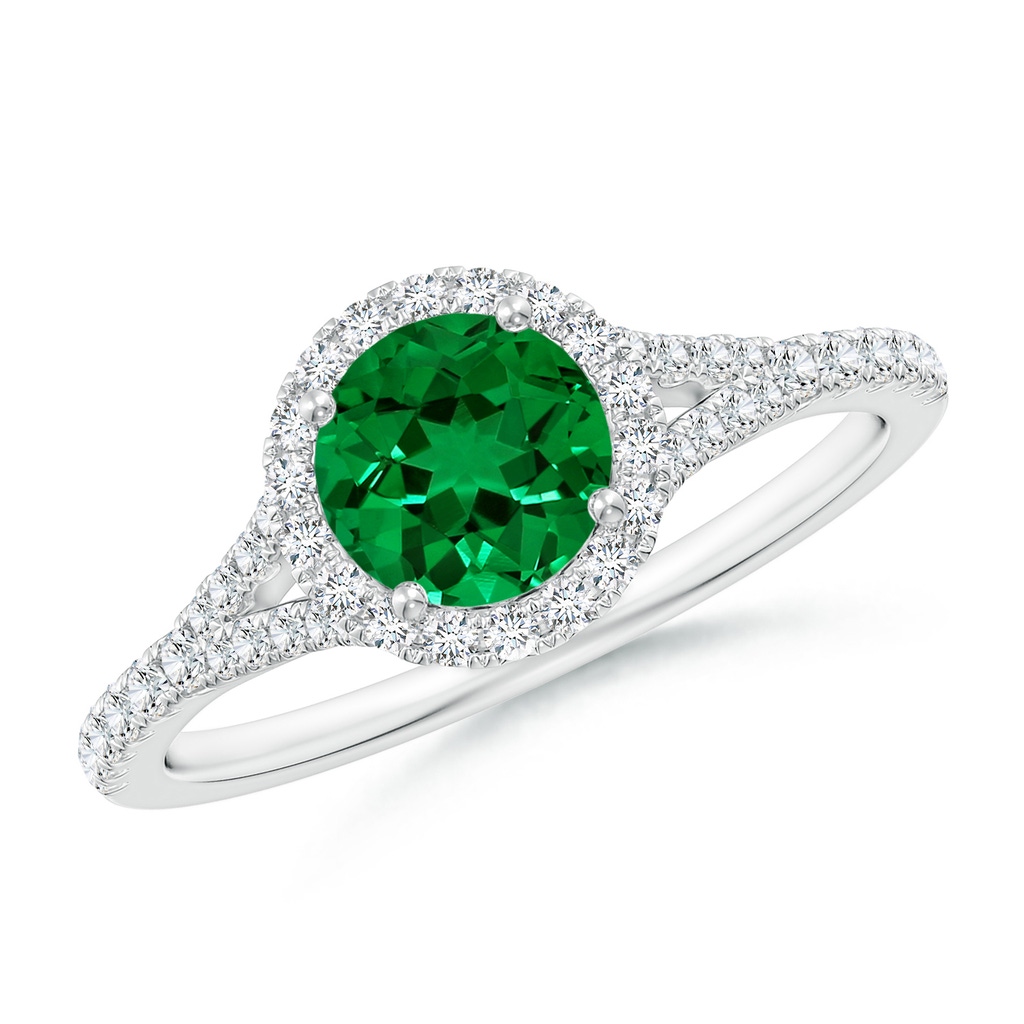 6mm Labgrown Lab-Grown Round Emerald Halo Split Shank Engagement Ring in White Gold