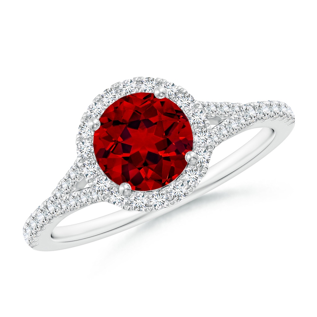 6.5mm Labgrown Lab-Grown Round Ruby Halo Split Shank Engagement Ring in White Gold