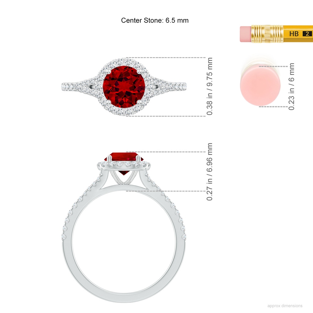 6.5mm Labgrown Lab-Grown Round Ruby Halo Split Shank Engagement Ring in White Gold ruler
