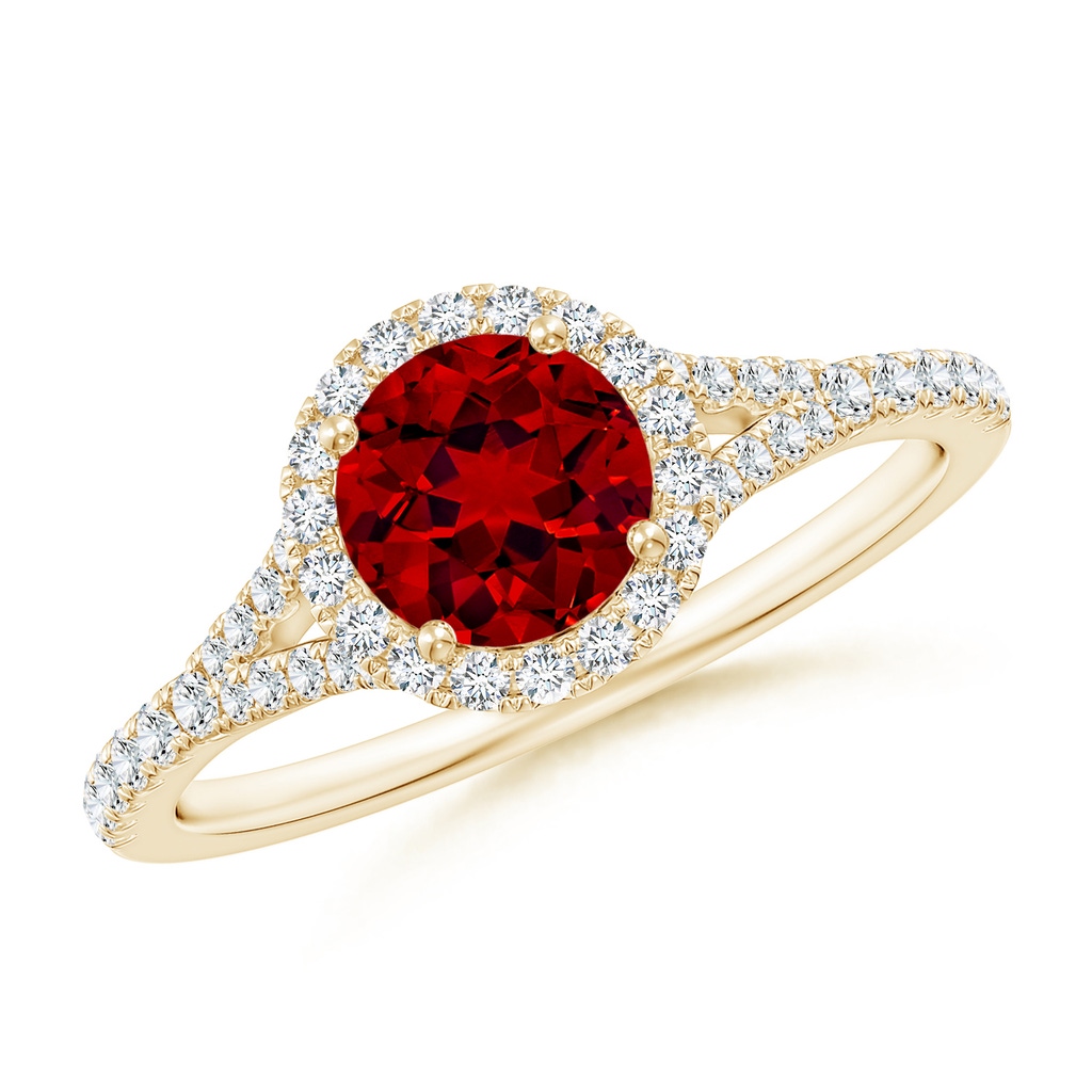 6mm Labgrown Lab-Grown Round Ruby Halo Split Shank Engagement Ring in Yellow Gold