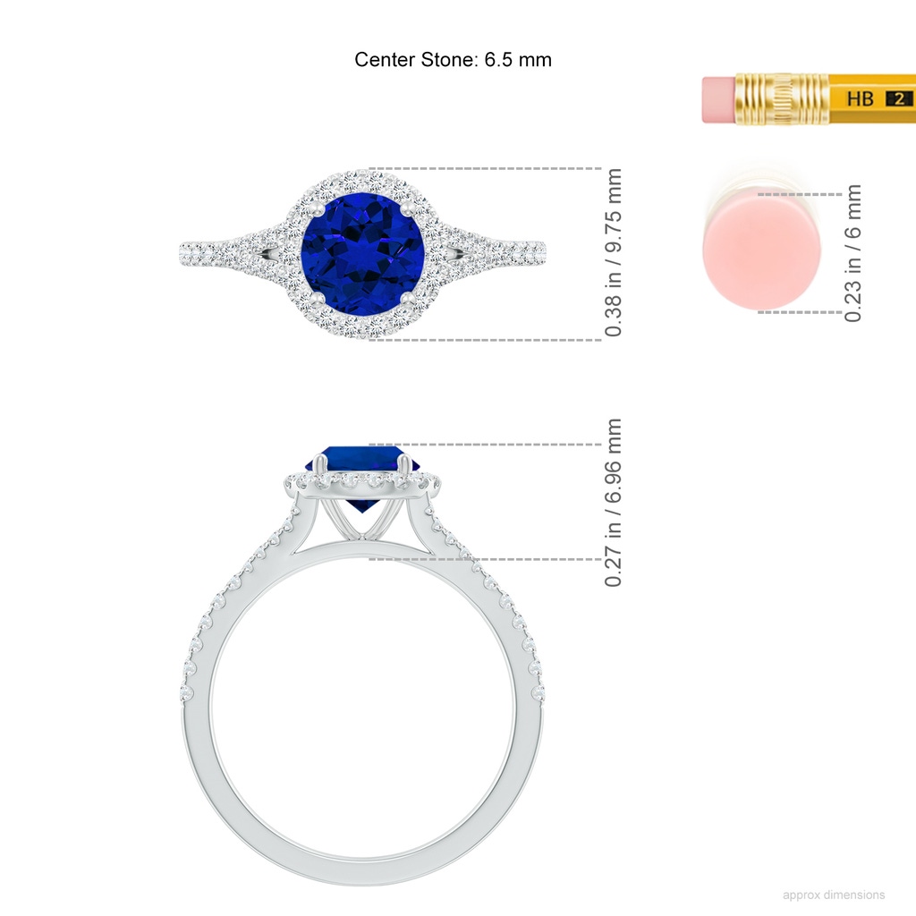 6.5mm Labgrown Lab-Grown Round Blue Sapphire Halo Split Shank Engagement Ring in White Gold ruler