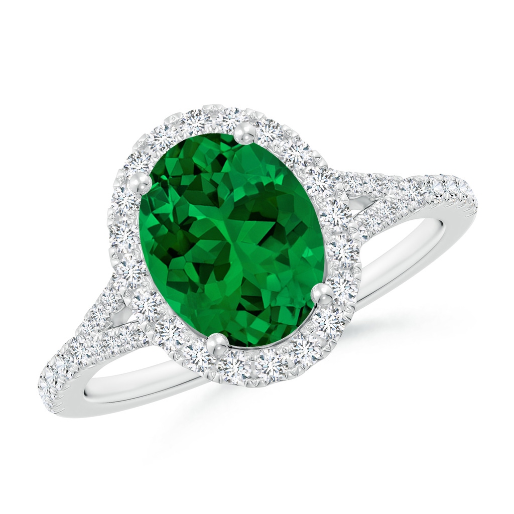9x7mm Labgrown Lab-Grown Oval Emerald Halo Split Shank Engagement Ring in White Gold