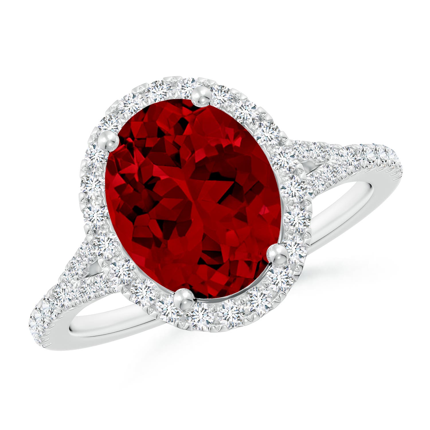 10x8mm Labgrown Lab-Grown Oval Ruby Halo Split Shank Engagement Ring in 18K White Gold