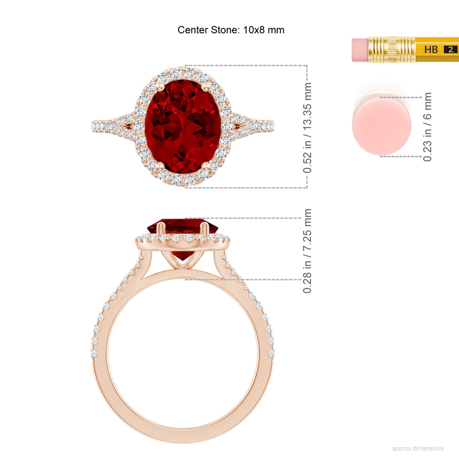 10x8mm Labgrown Lab-Grown Oval Ruby Halo Split Shank Engagement Ring in Rose Gold ruler