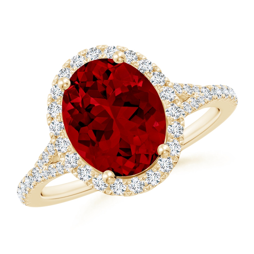10x8mm Labgrown Lab-Grown Oval Ruby Halo Split Shank Engagement Ring in Yellow Gold