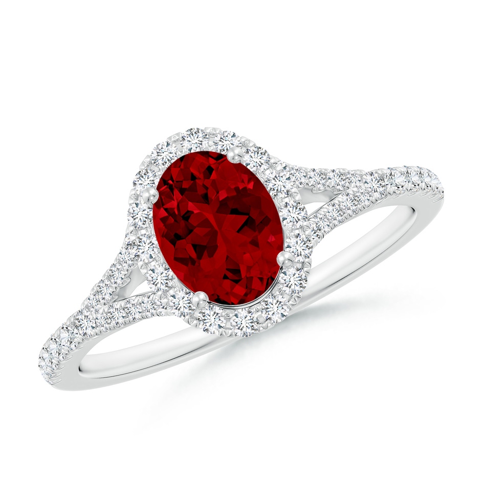 7x5mm Labgrown Lab-Grown Oval Ruby Halo Split Shank Engagement Ring in White Gold 