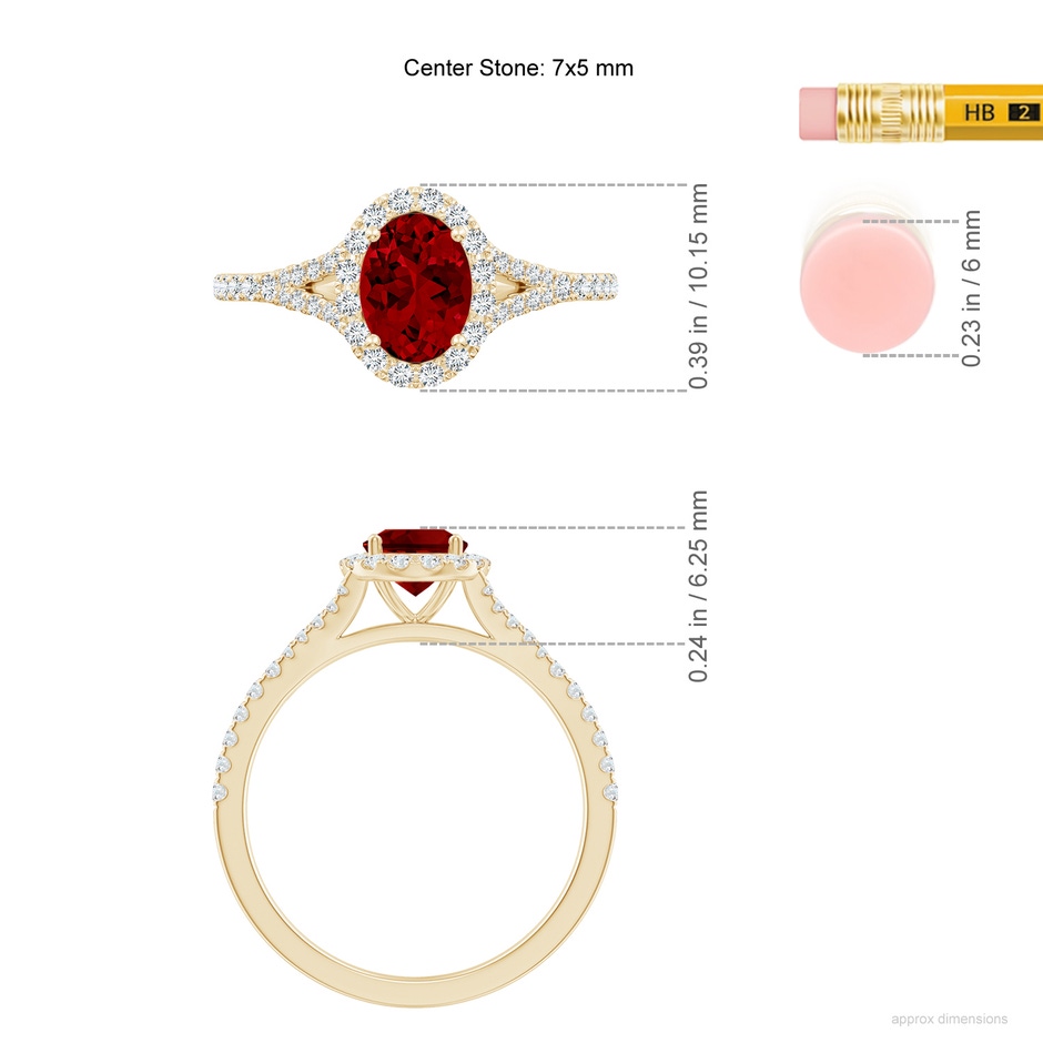 7x5mm Labgrown Lab-Grown Oval Ruby Halo Split Shank Engagement Ring in Yellow Gold ruler