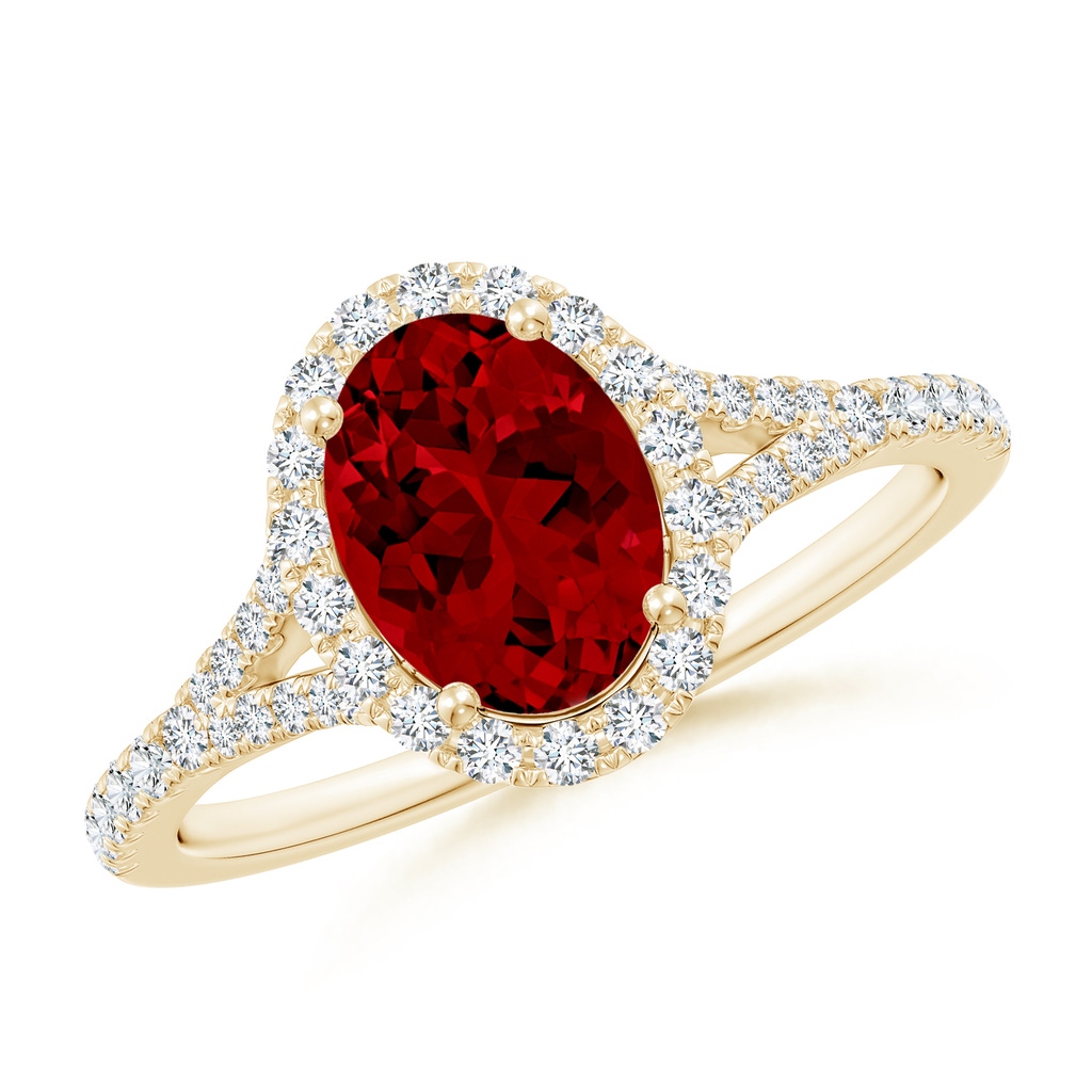 8x6mm Labgrown Lab-Grown Oval Ruby Halo Split Shank Engagement Ring in Yellow Gold