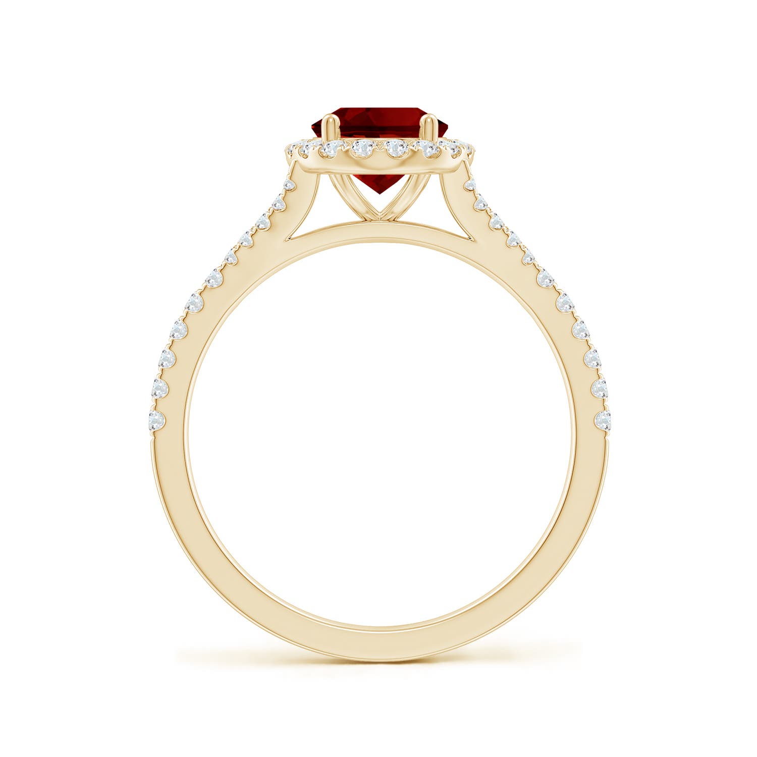 8x6mm Labgrown Lab-Grown Oval Ruby Halo Split Shank Engagement Ring in Yellow Gold - side 3