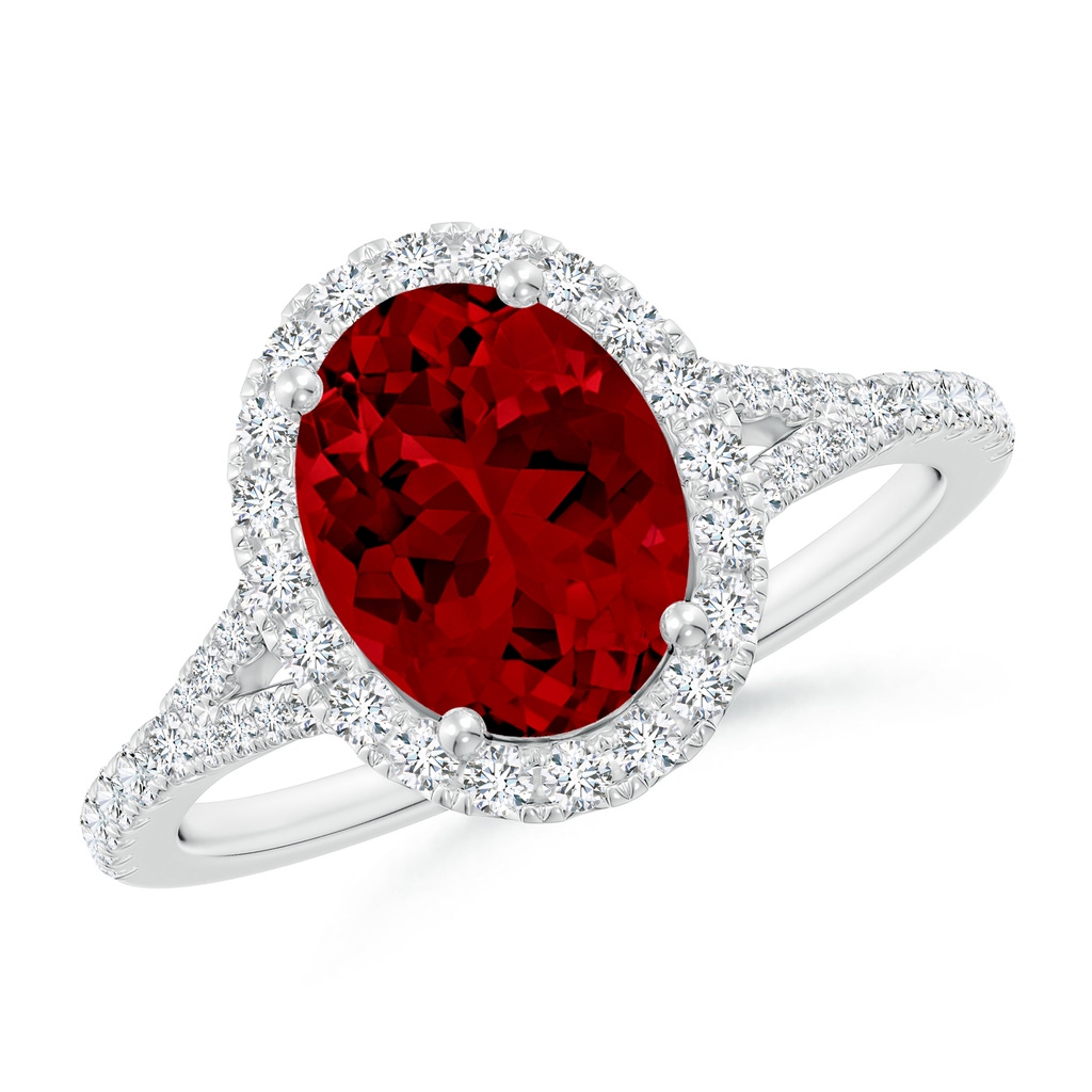 9x7mm Labgrown Lab-Grown Oval Ruby Halo Split Shank Engagement Ring in White Gold
