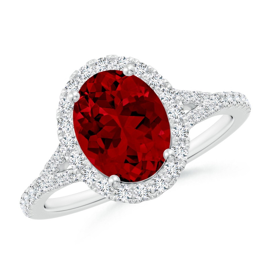 9x7mm Labgrown Lab-Grown Oval Ruby Halo Split Shank Engagement Ring in White Gold 