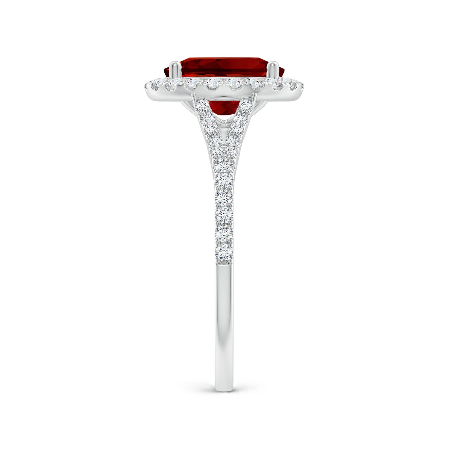 Lab-Grown Oval Ruby Halo Split Shank Engagement Ring