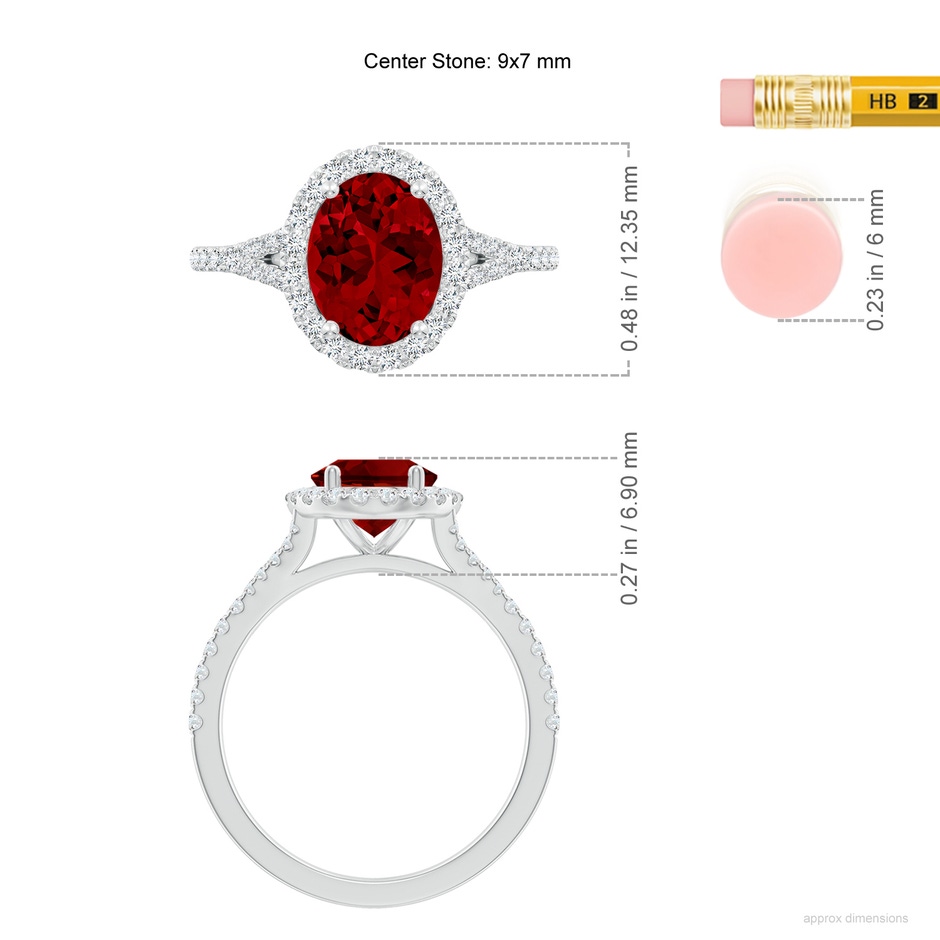 9x7mm Labgrown Lab-Grown Oval Ruby Halo Split Shank Engagement Ring in White Gold ruler