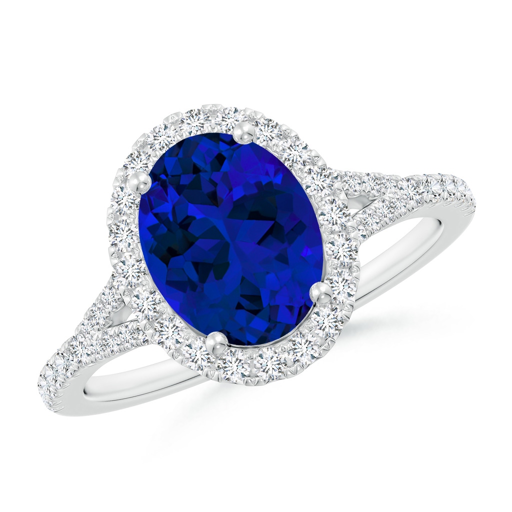 9x7mm Labgrown Lab-Grown Oval Blue Sapphire Halo Split Shank Engagement Ring in White Gold