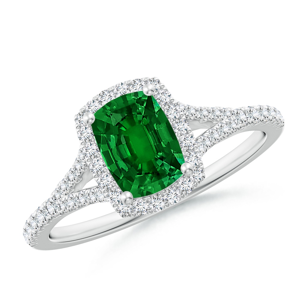 7x5mm Labgrown Lab-Grown Cushion Rectangular Emerald Halo Split Shank Engagement Ring in White Gold