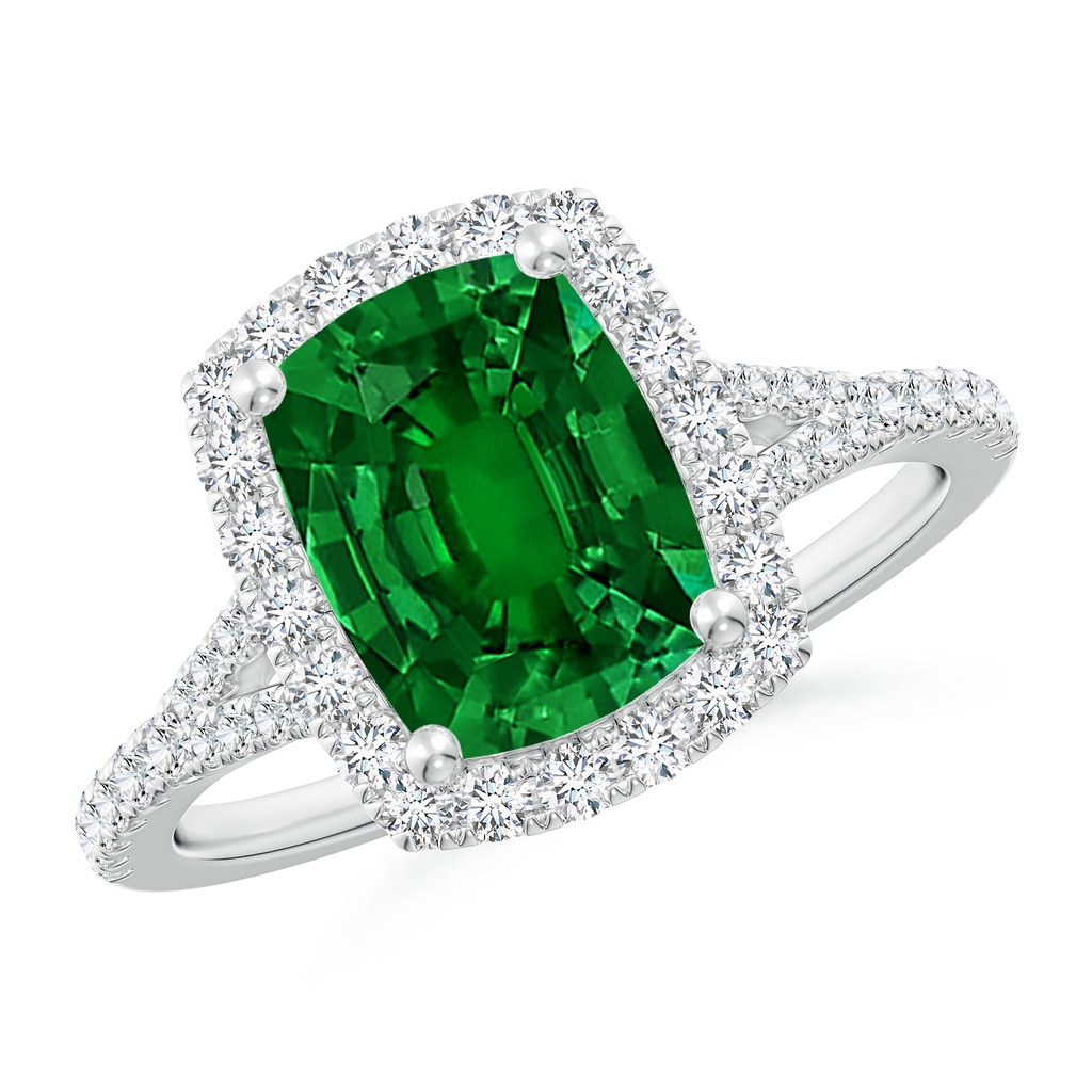 9x7mm Labgrown Lab-Grown Cushion Rectangular Emerald Halo Split Shank Engagement Ring in White Gold