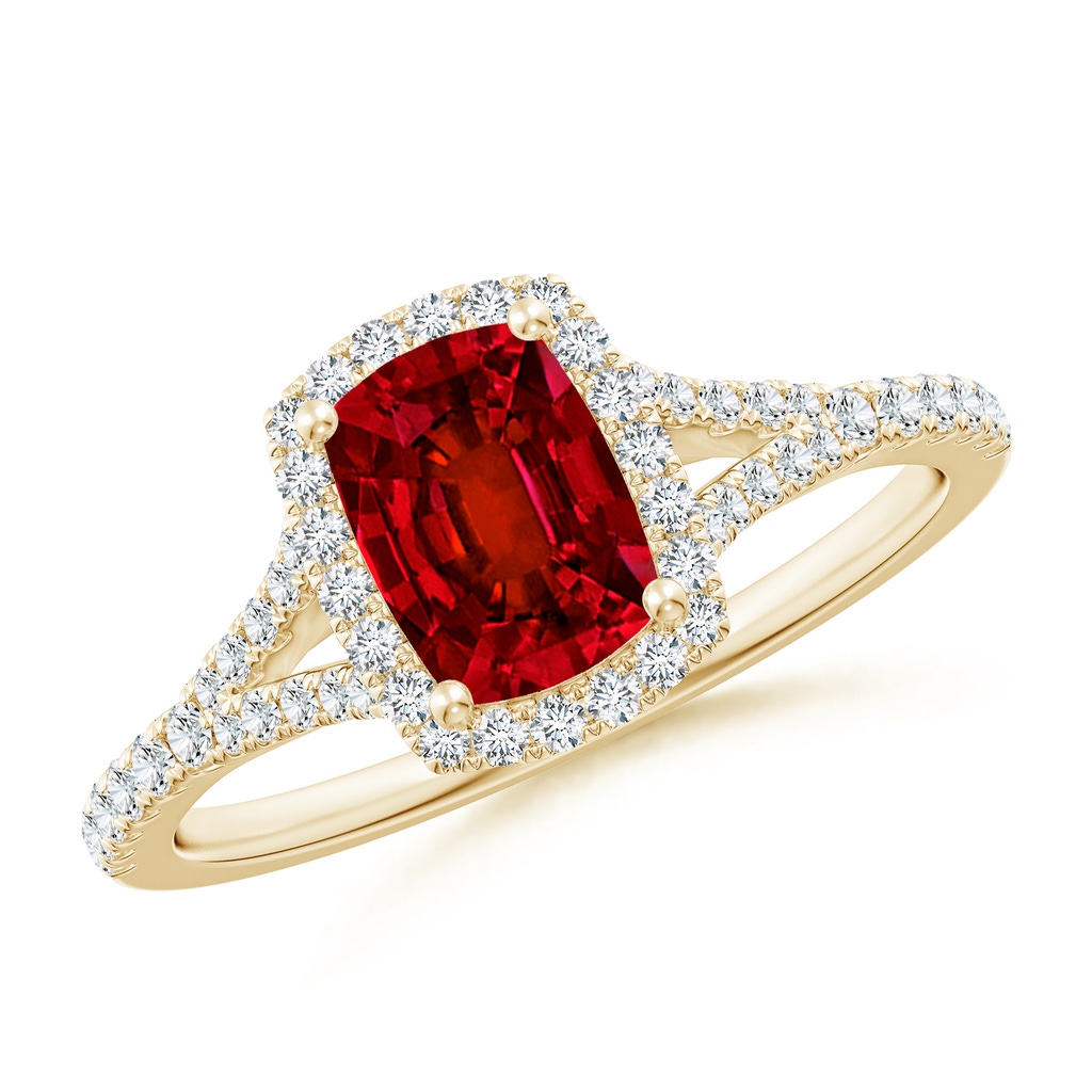 7x5mm Labgrown Lab-Grown Cushion Rectangular Ruby Halo Split Shank Engagement Ring in Yellow Gold