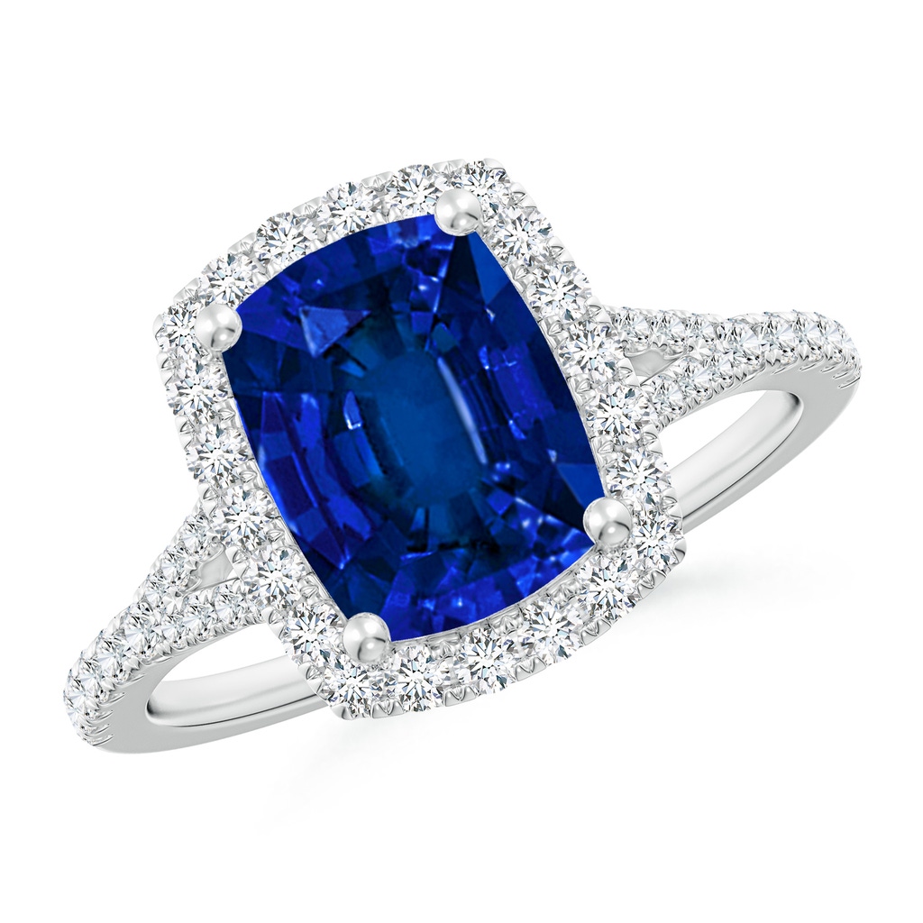 9x7mm Labgrown Lab-Grown Cushion Rectangular Blue Sapphire Halo Split Shank Engagement Ring in White Gold