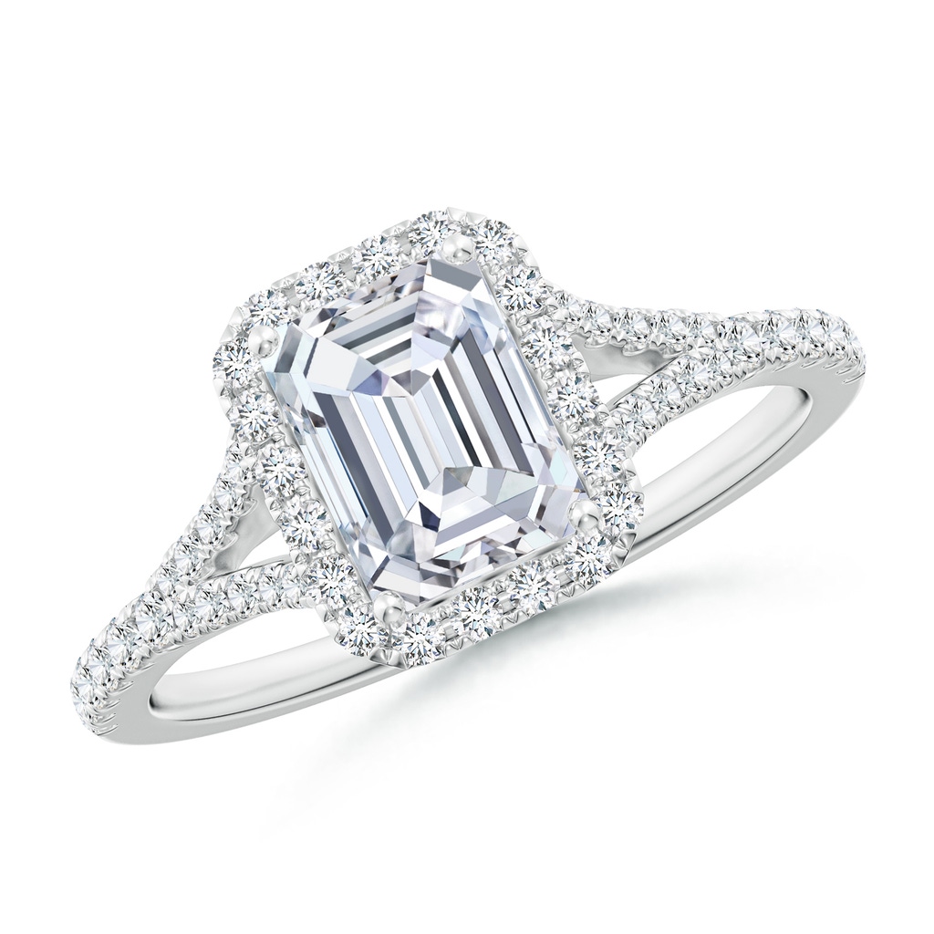 7x5mm FGVS Lab-Grown Emerald-Cut Diamond Halo Split Shank Engagement Ring in 18K White Gold