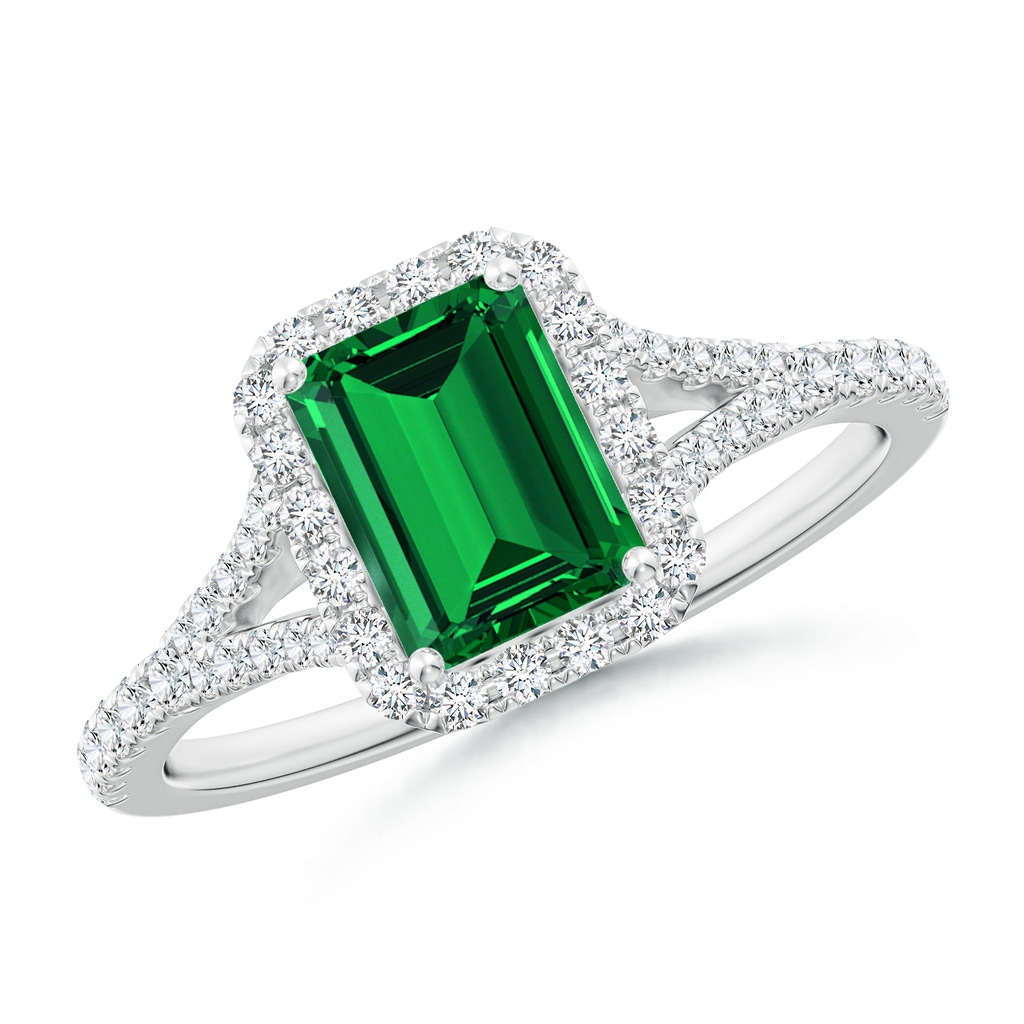 7x5mm Labgrown Lab-Grown Emerald-Cut Emerald Halo Split Shank Engagement Ring in White Gold