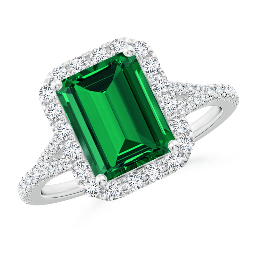9x7mm Labgrown Lab-Grown Emerald-Cut Emerald Halo Split Shank Engagement Ring in White Gold