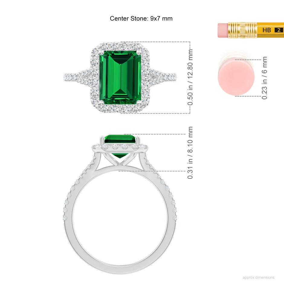 9x7mm Labgrown Lab-Grown Emerald-Cut Emerald Halo Split Shank Engagement Ring in White Gold ruler