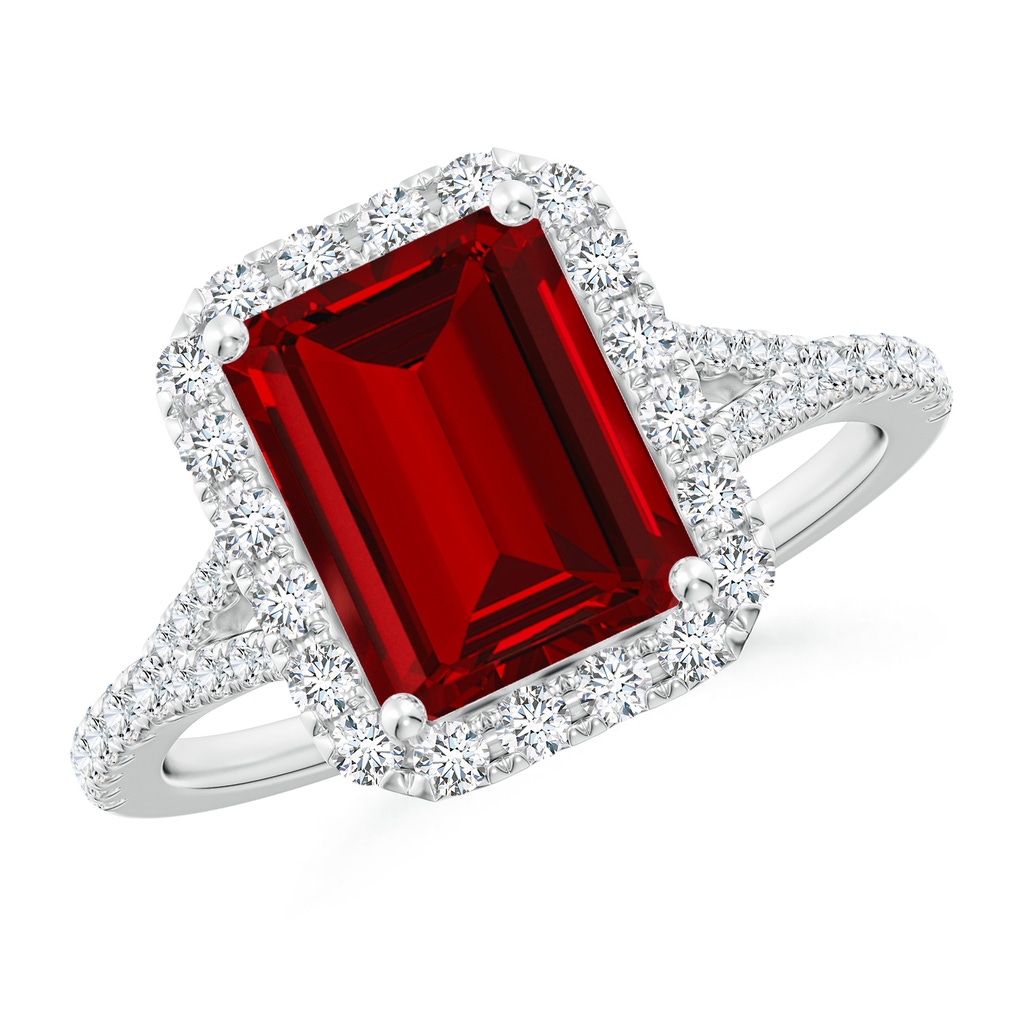 9x7mm Labgrown Lab-Grown Emerald-Cut Ruby Halo Split Shank Engagement Ring in White Gold 