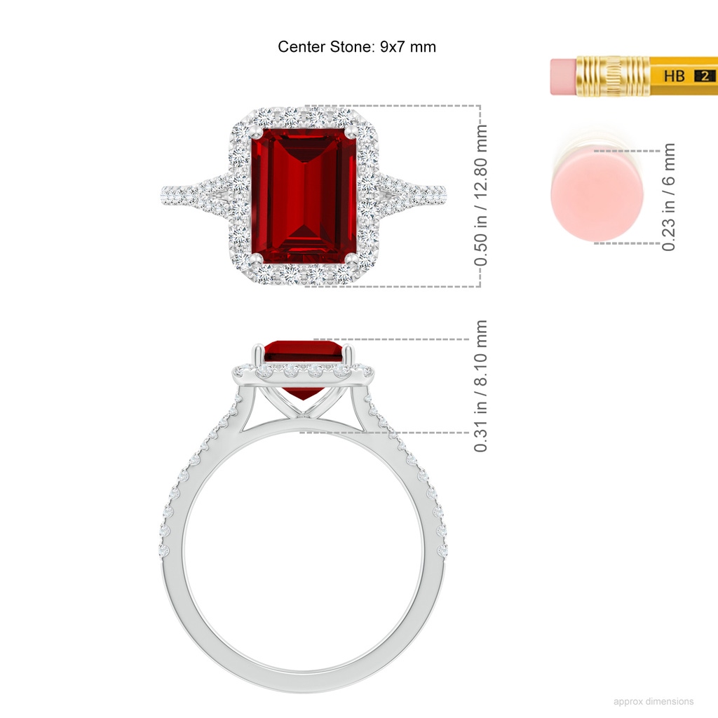 9x7mm Labgrown Lab-Grown Emerald-Cut Ruby Halo Split Shank Engagement Ring in White Gold ruler