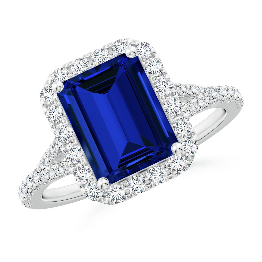 9x7mm Labgrown Lab-Grown Emerald-Cut Blue Sapphire Halo Split Shank Engagement Ring in White Gold