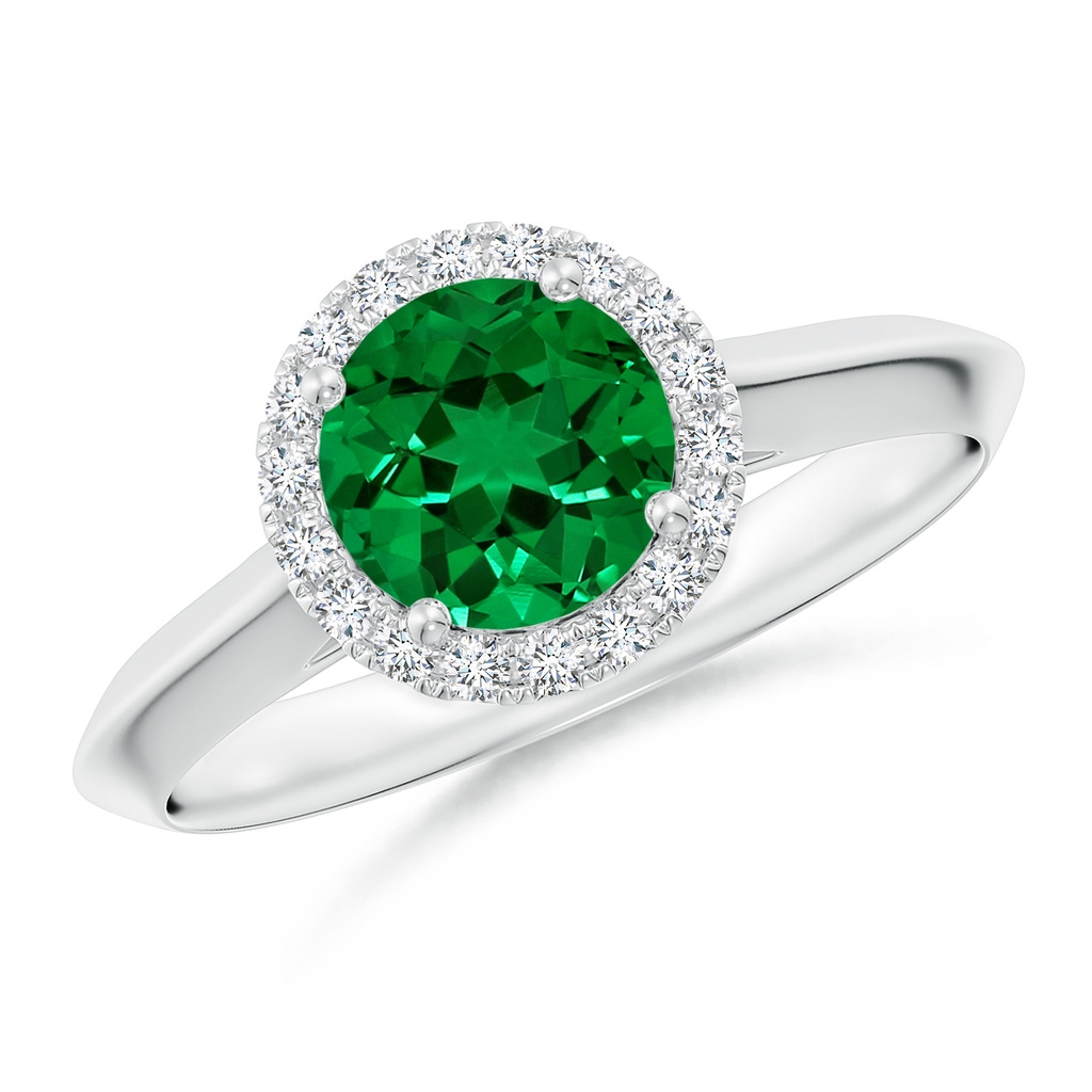 6.5mm Labgrown Lab-Grown Round Emerald Halo Knife-Edge Shank Engagement Ring in White Gold
