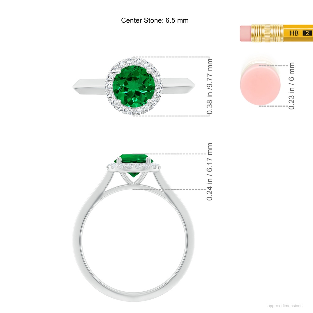 6.5mm Labgrown Lab-Grown Round Emerald Halo Knife-Edge Shank Engagement Ring in White Gold ruler