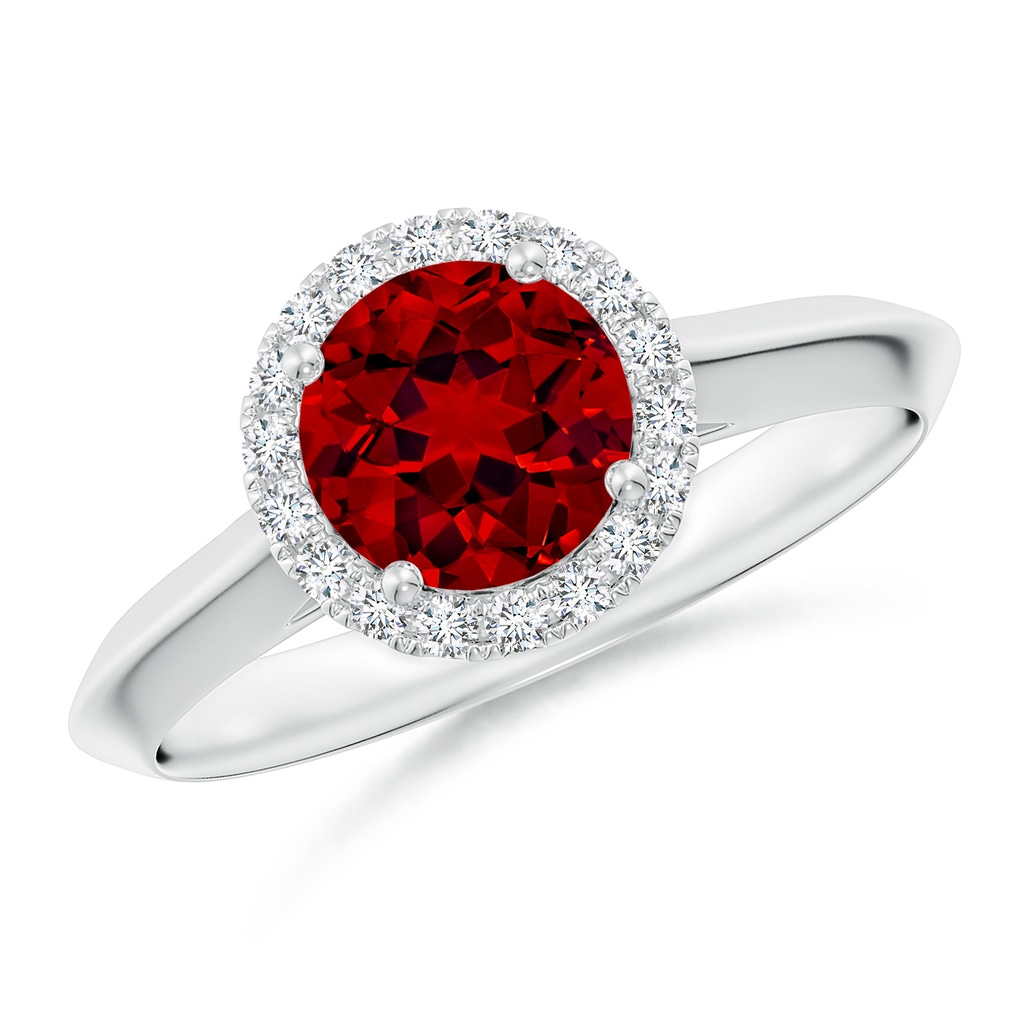 6.5mm Labgrown Lab-Grown Round Ruby Halo Knife-Edge Shank Engagement Ring in White Gold