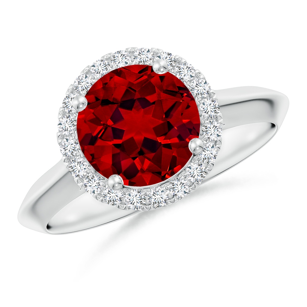 8mm Labgrown Lab-Grown Round Ruby Halo Knife-Edge Shank Engagement Ring in White Gold