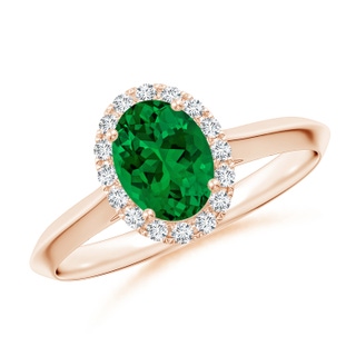 7x5mm Labgrown Lab-Grown Oval Emerald Halo Knife-Edge Shank Engagement Ring in Rose Gold