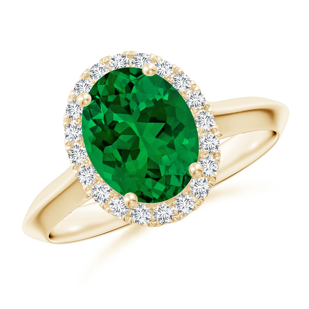 9x7mm Labgrown Lab-Grown Oval Emerald Halo Knife-Edge Shank Engagement Ring in 18K Yellow Gold