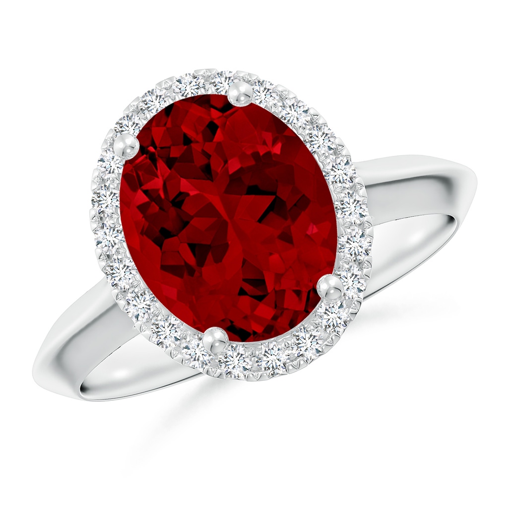 10x8mm Labgrown Lab-Grown Oval Ruby Halo Knife-Edge Shank Engagement Ring in P950 Platinum