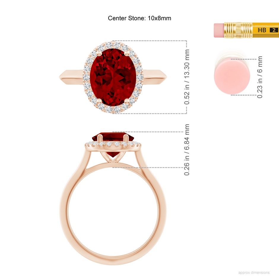 10x8mm Labgrown Lab-Grown Oval Ruby Halo Knife-Edge Shank Engagement Ring in Rose Gold ruler