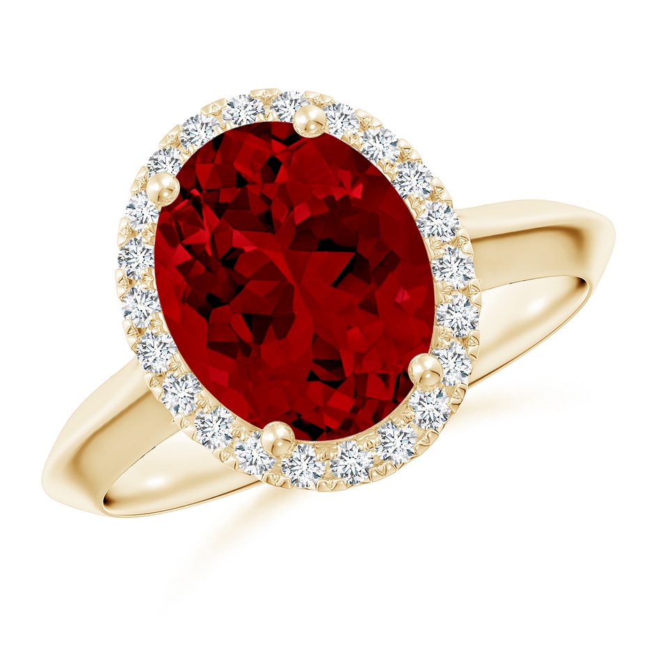 10x8mm Labgrown Lab-Grown Oval Ruby Halo Knife-Edge Shank Engagement Ring in Yellow Gold 