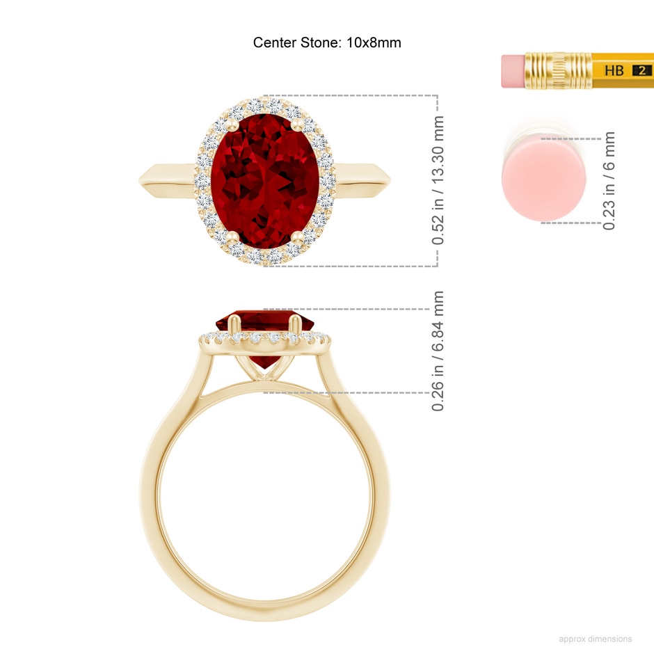 10x8mm Labgrown Lab-Grown Oval Ruby Halo Knife-Edge Shank Engagement Ring in Yellow Gold ruler
