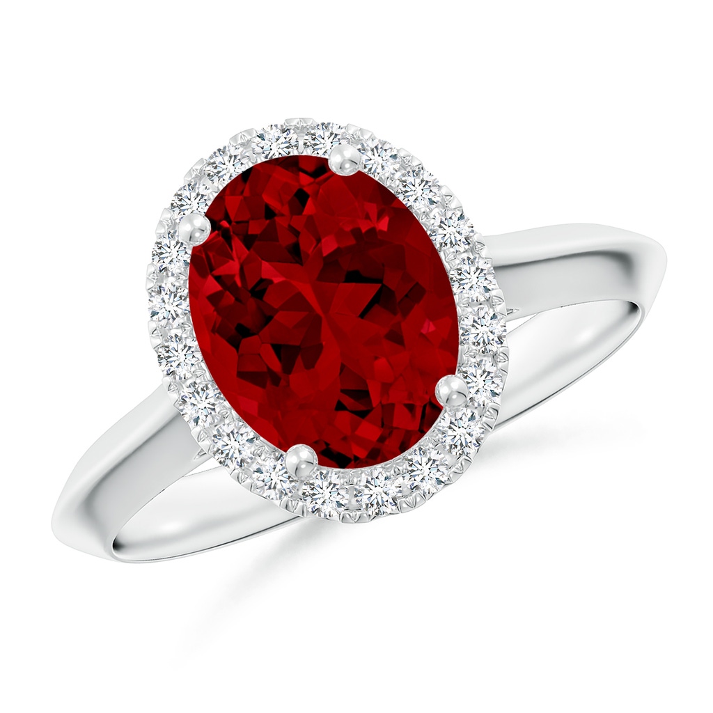 9x7mm Labgrown Lab-Grown Oval Ruby Halo Knife-Edge Shank Engagement Ring in 18K White Gold