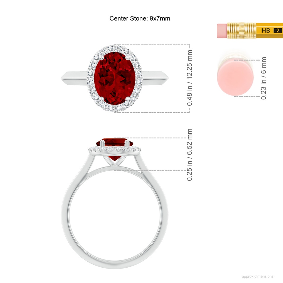 9x7mm Labgrown Lab-Grown Oval Ruby Halo Knife-Edge Shank Engagement Ring in 18K White Gold ruler