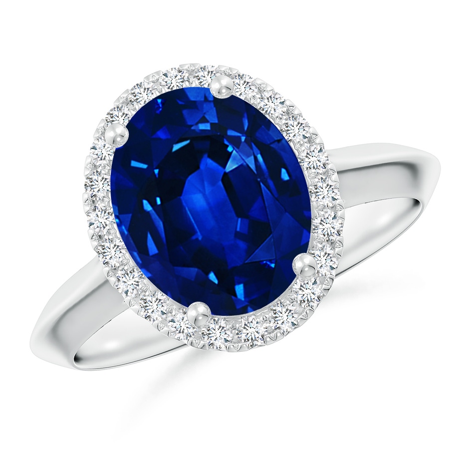 10x8mm Labgrown Lab-Grown Oval Blue Sapphire Halo Knife-Edge Shank Engagement Ring in 18K White Gold 