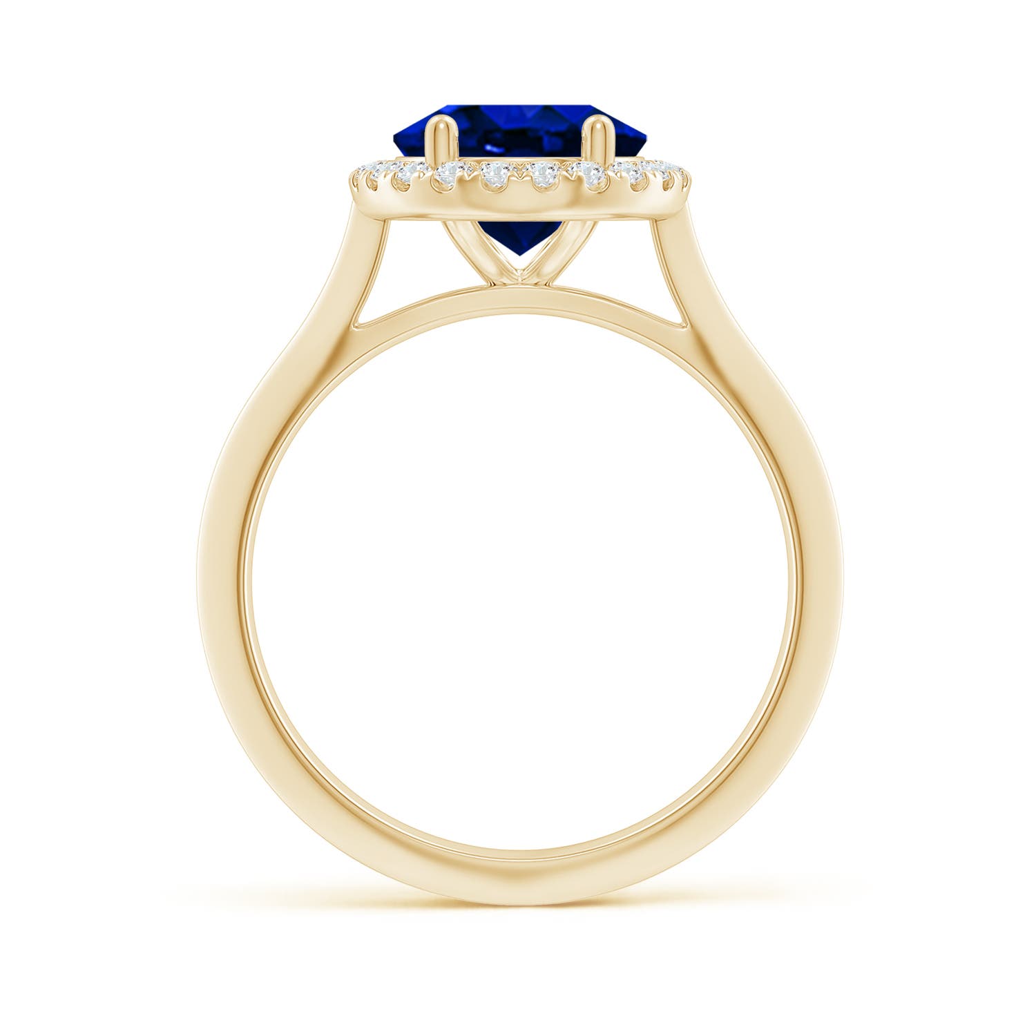 10x8mm Labgrown Lab-Grown Oval Blue Sapphire Halo Knife-Edge Shank Engagement Ring in Yellow Gold - side 3