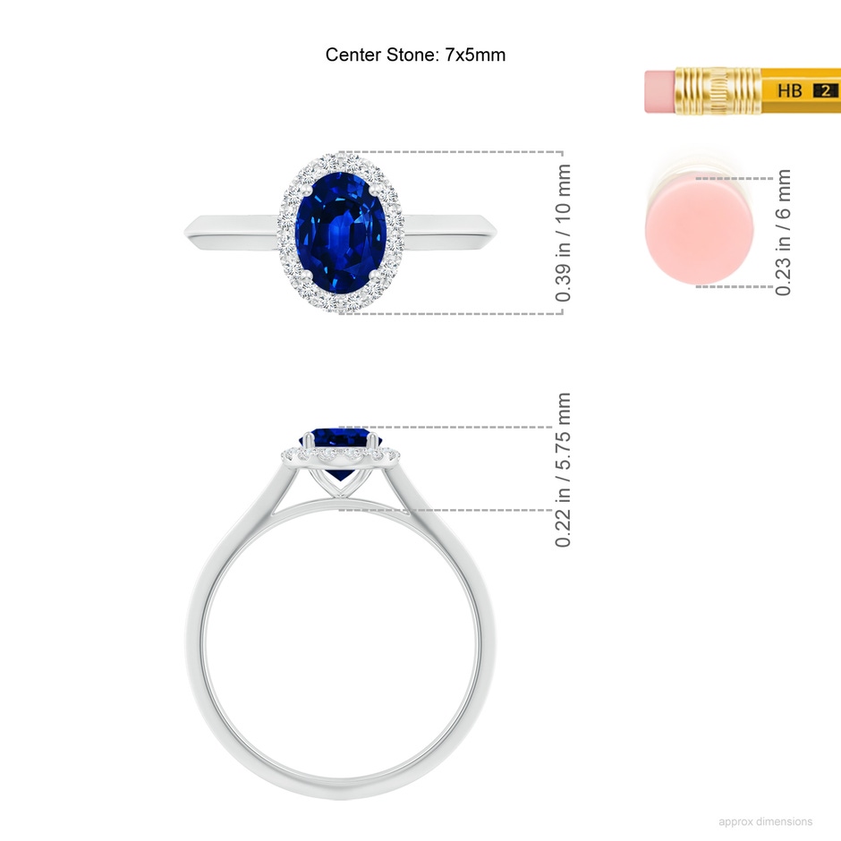 7x5mm Labgrown Lab-Grown Oval Blue Sapphire Halo Knife-Edge Shank Engagement Ring in White Gold ruler