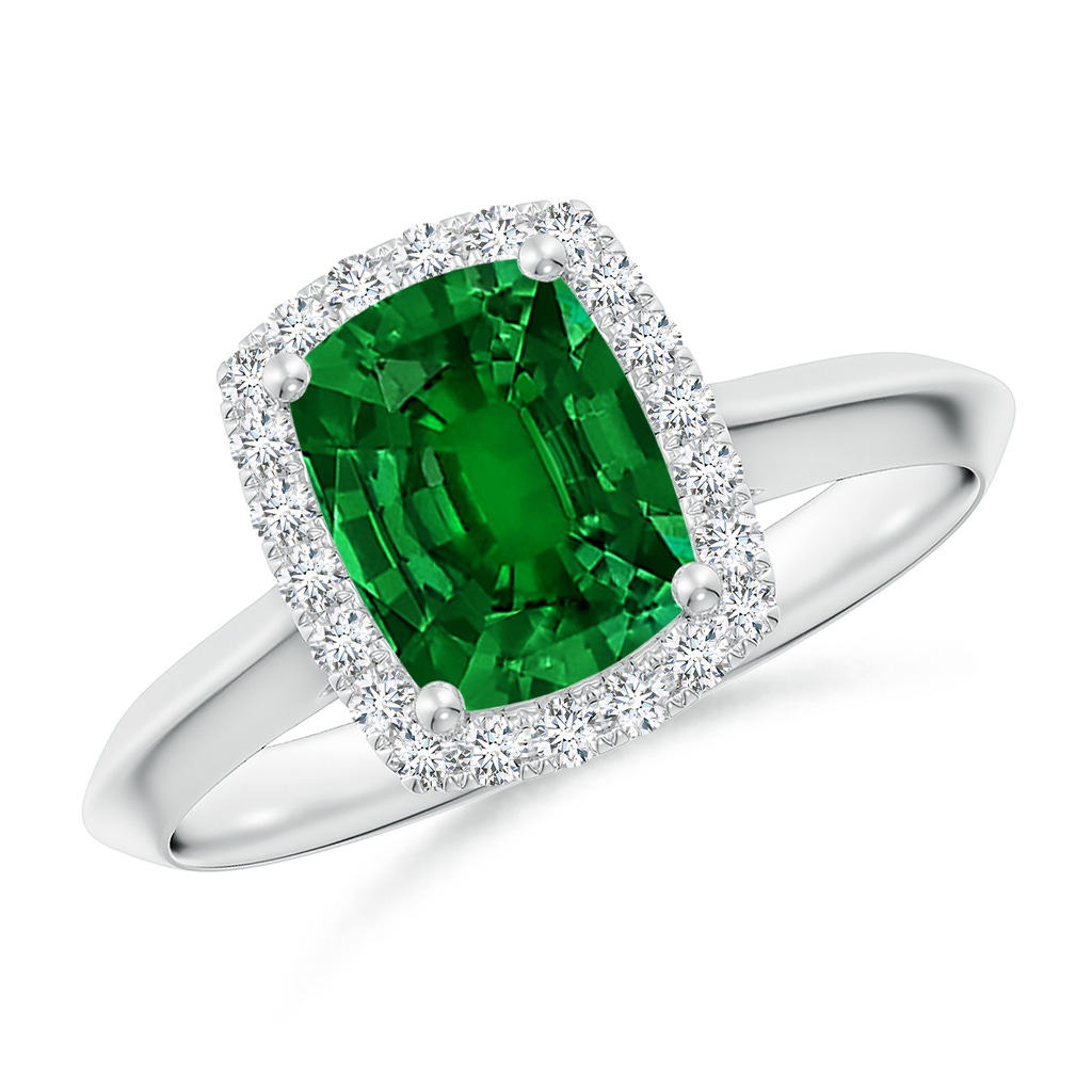 8x6mm Labgrown Lab-Grown Cushion Rectangular Emerald Halo Knife-Edge Shank Engagement Ring in 18K White Gold