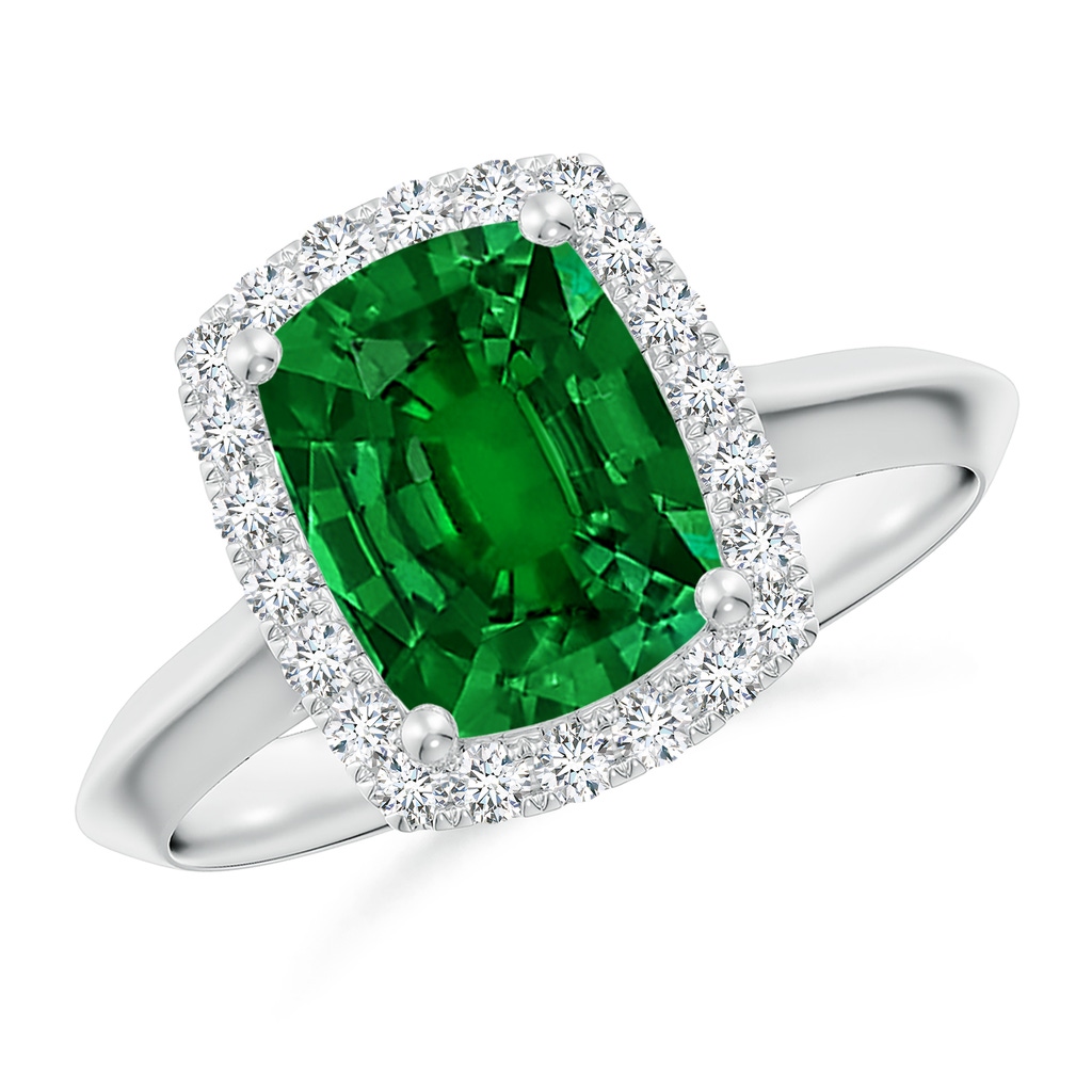 9x7mm Labgrown Lab-Grown Cushion Rectangular Emerald Halo Knife-Edge Shank Engagement Ring in White Gold