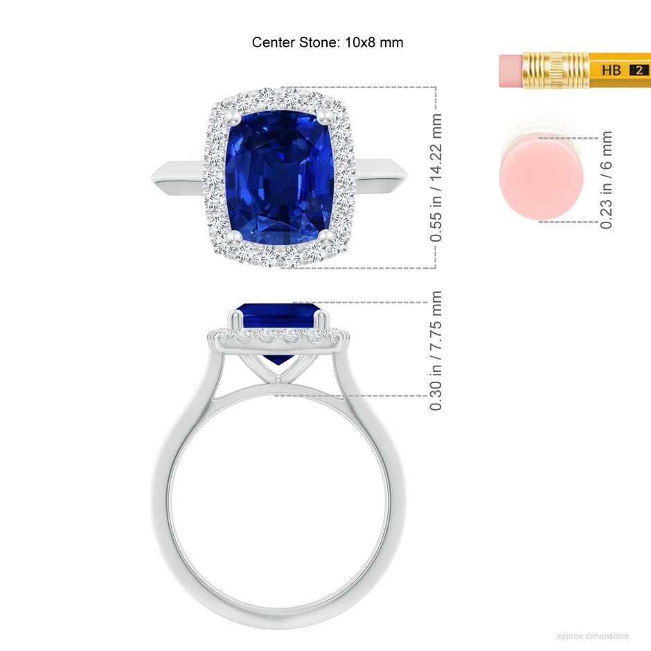10x8mm Labgrown Lab-Grown Cushion Rectangular Blue Sapphire Halo Knife-Edge Shank Engagement Ring in White Gold ruler