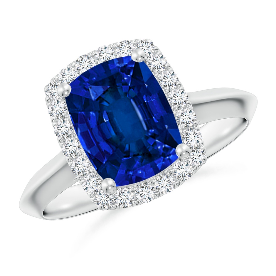 9x7mm Labgrown Lab-Grown Cushion Rectangular Blue Sapphire Halo Knife-Edge Shank Engagement Ring in White Gold 
