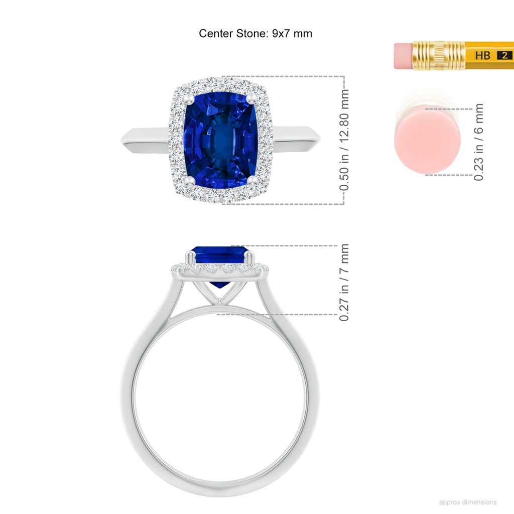 9x7mm Labgrown Lab-Grown Cushion Rectangular Blue Sapphire Halo Knife-Edge Shank Engagement Ring in White Gold ruler