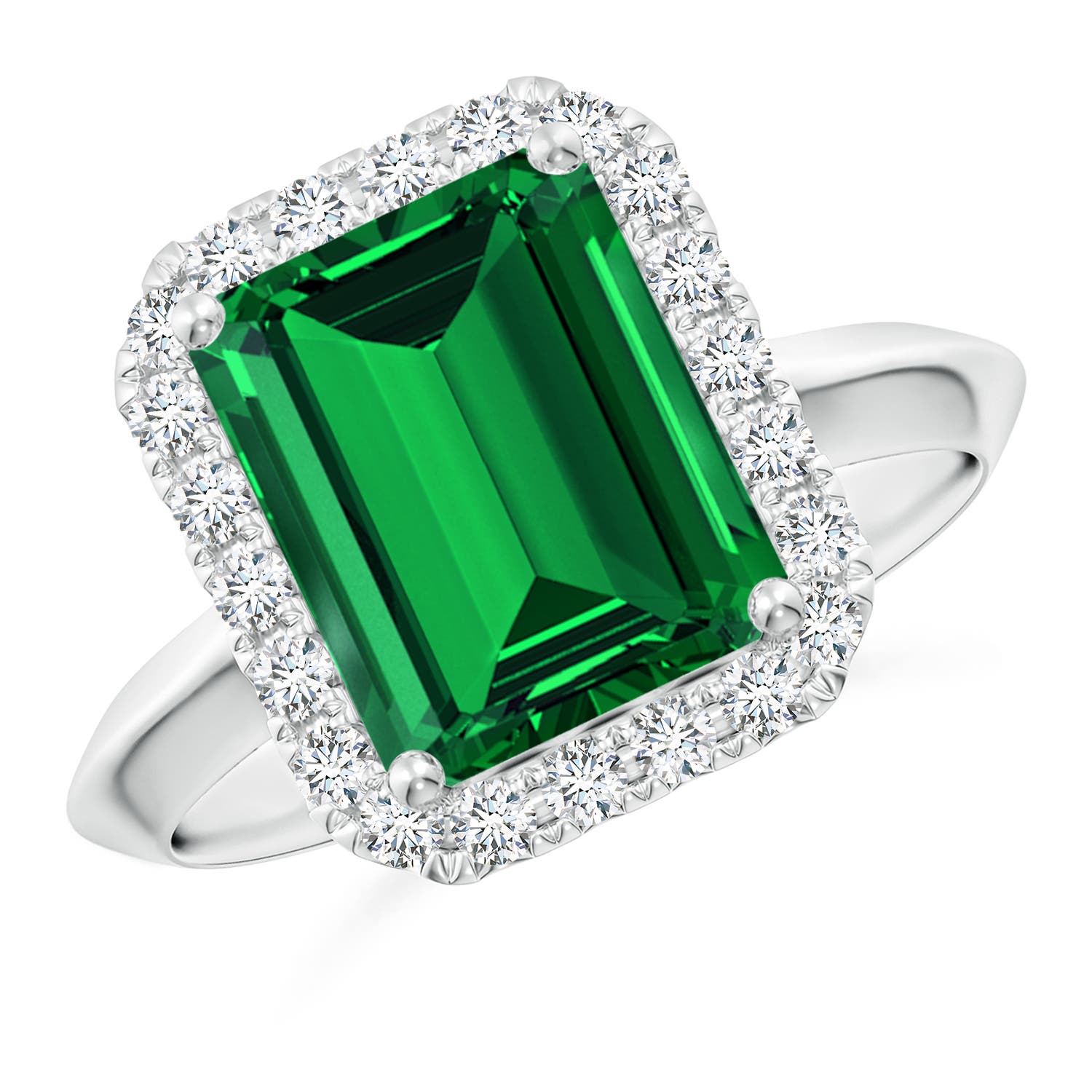 10x8mm Labgrown Lab-Grown Emerald-Cut Emerald Halo Knife-Edge Shank Engagement Ring in 18K White Gold